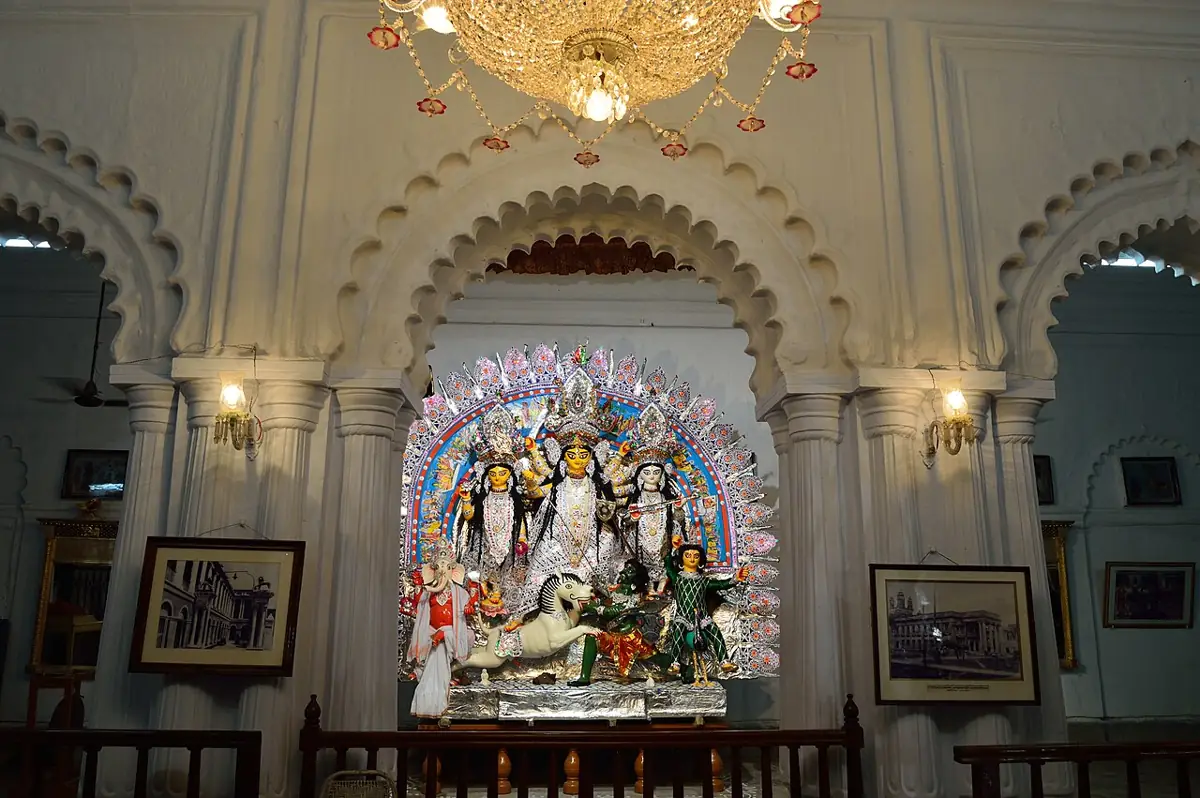Durga in the thakurdalan of Sovabazar Rajbari, an old family puja.