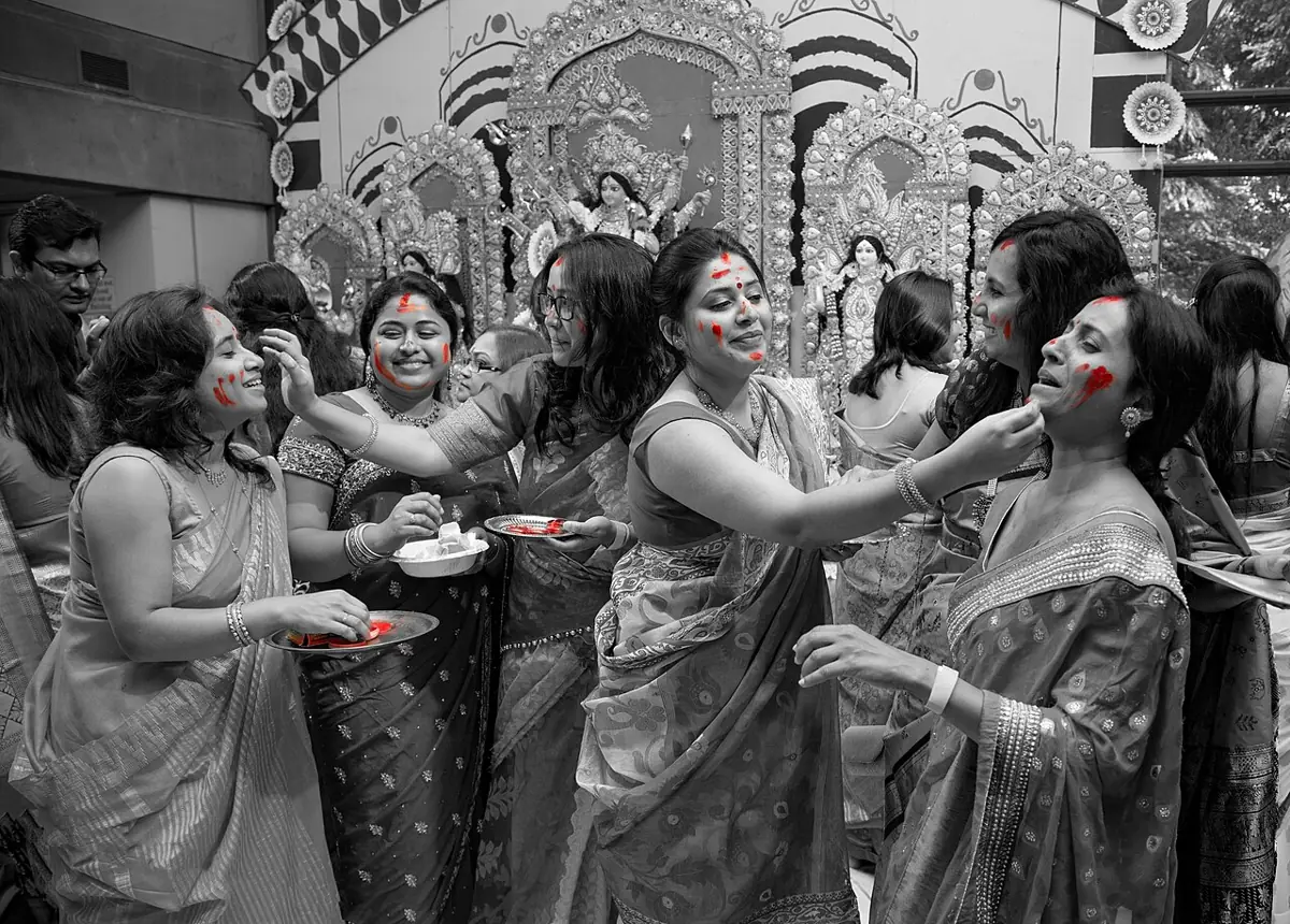 Sindoor khela in black and white.