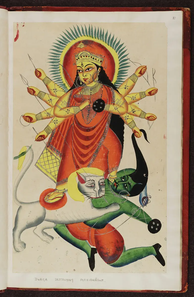 Durga on her lion fights Mahishasura: a 19th-century Kalighat painting.