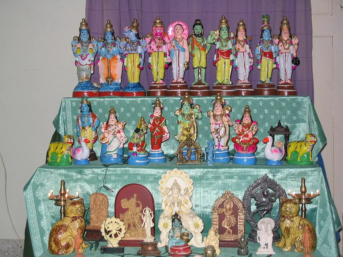 A Golu on steps, with the Dashavatara, Vishnu's ten forms, among the dolls.