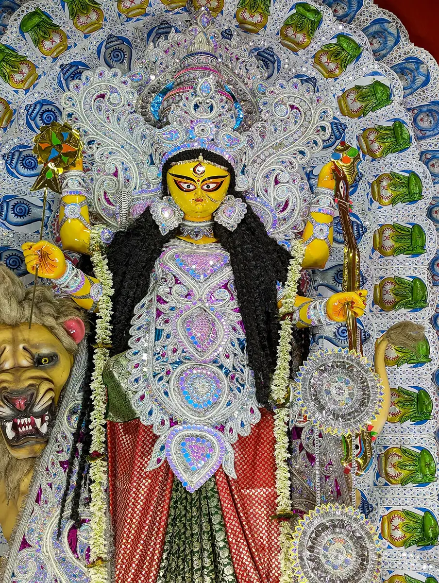 Jagaddhatri, seated on her lion, at Chandannagar.