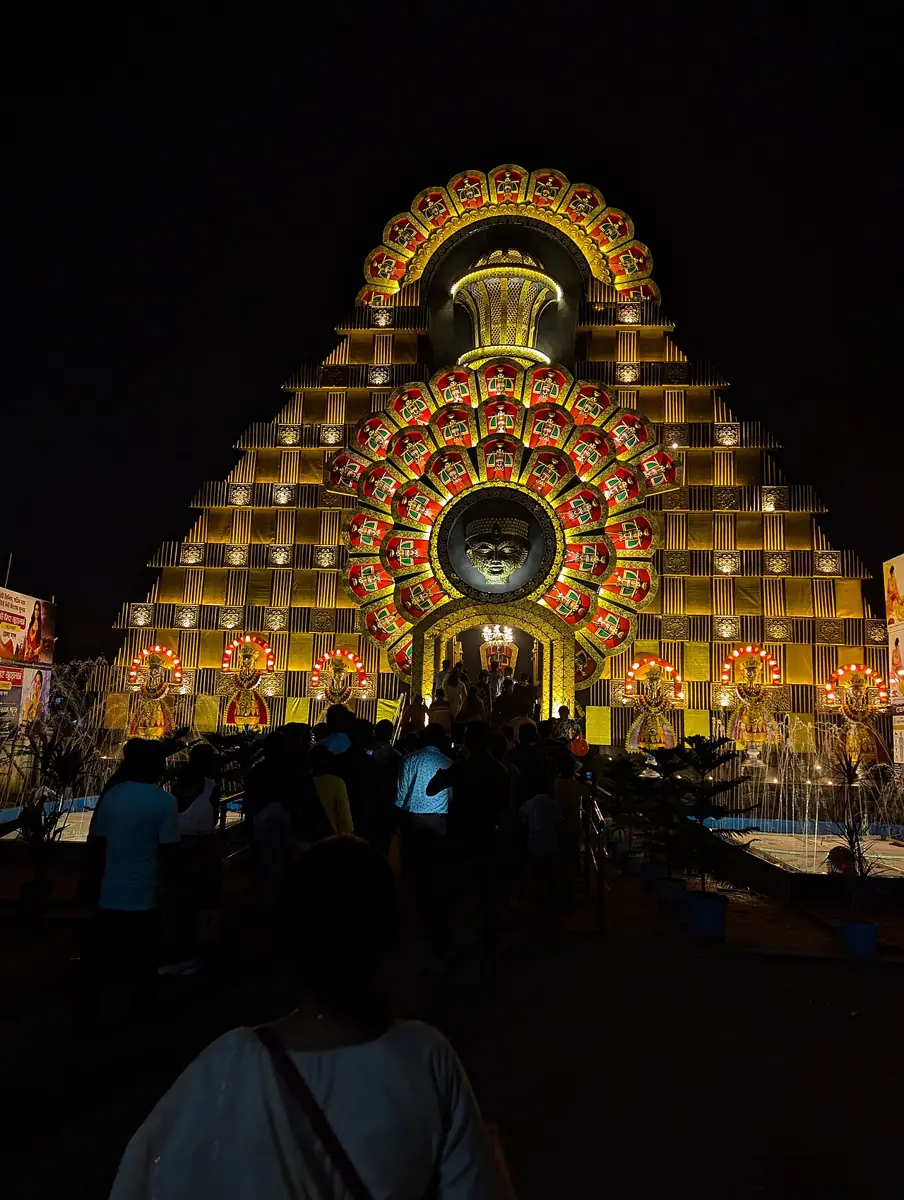 A lit pandal at Chandannagar during Jagaddhatri Puja.