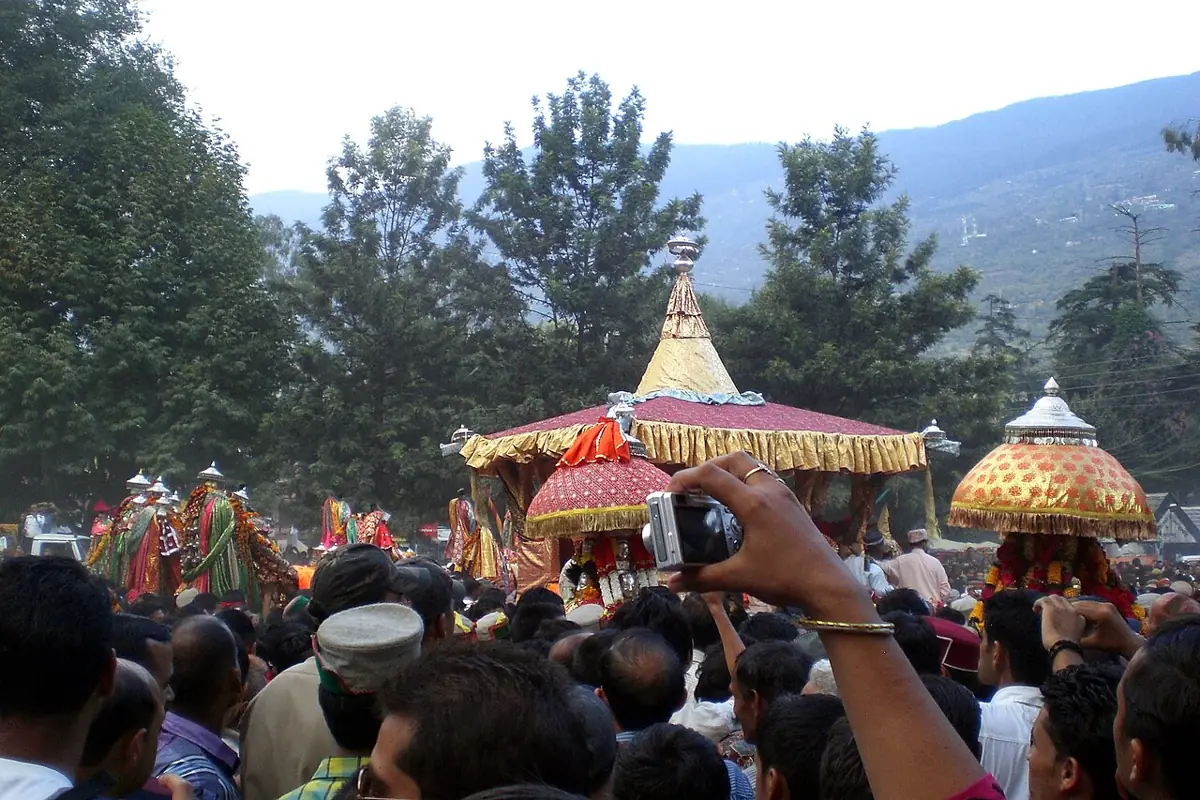 Village deities in their palanquins at Kullu Dussehra.