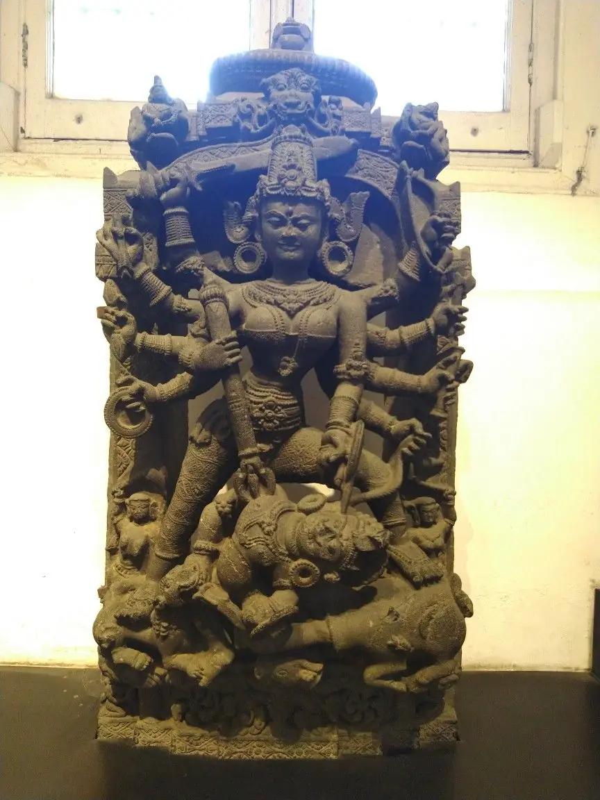Mahishasuramardini, Durga slaying the buffalo demon: a 12th-century chlorite sculpture of the Pala school.