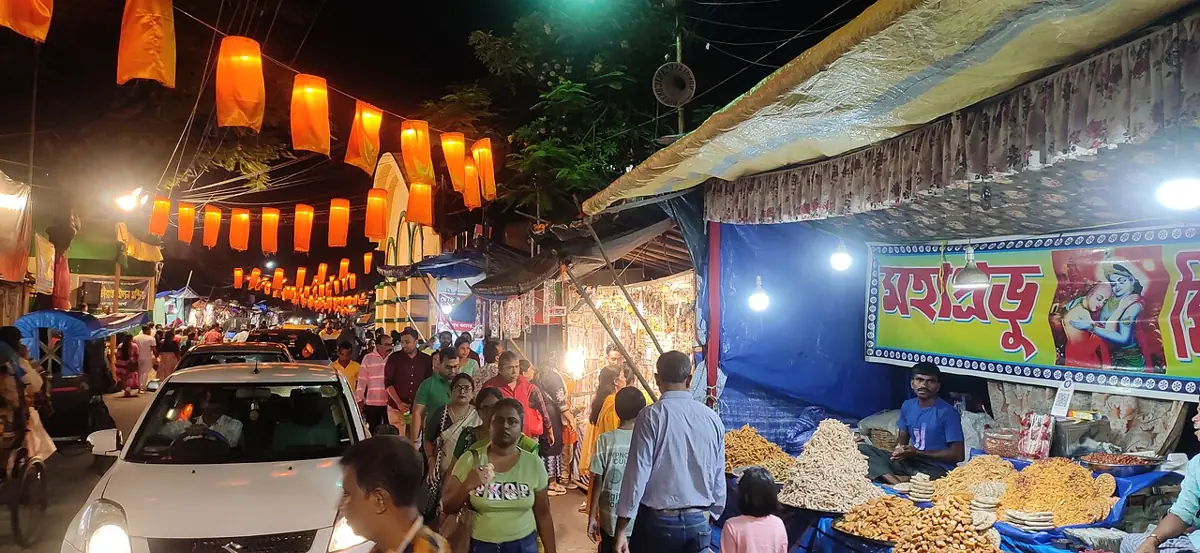 Lanterns and lights over a Behala street during the pujas.